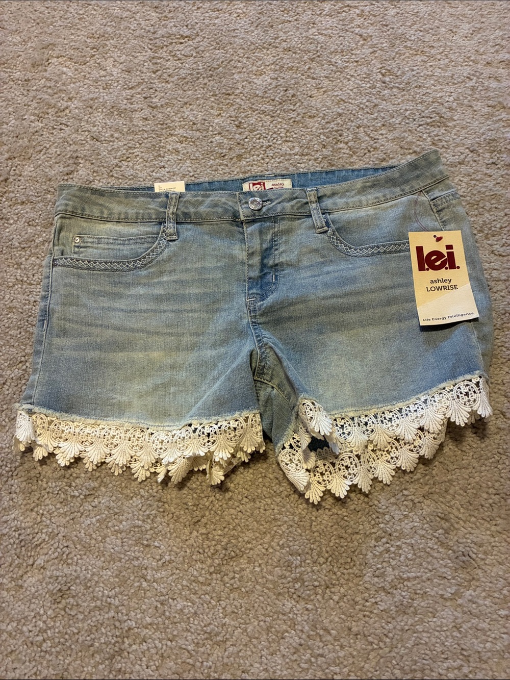 lei Light Blue Denim Shorts with White Crochet Trim
